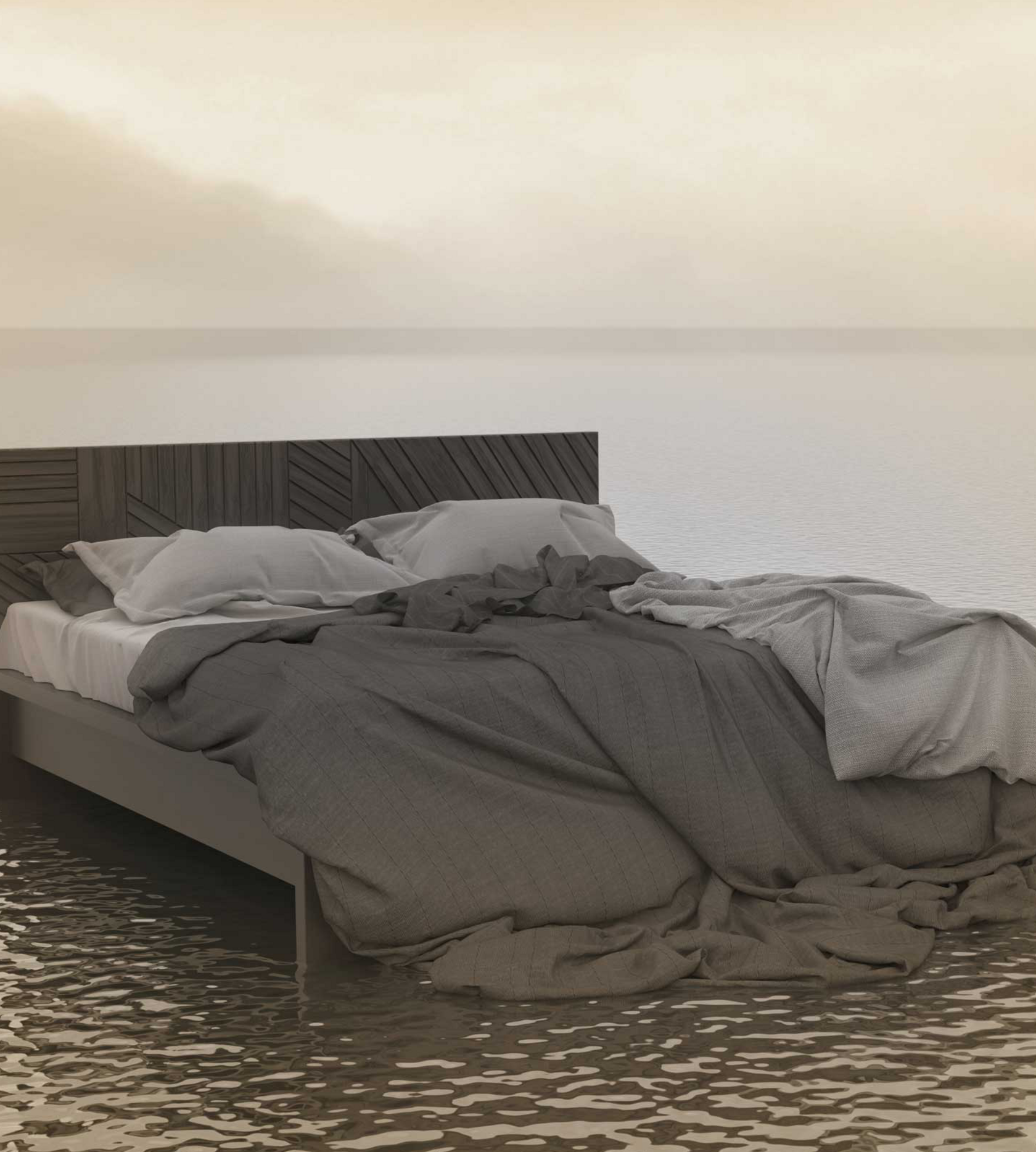  Ein Bett mit aufgewühlten Laken steht inmitten von Wasser